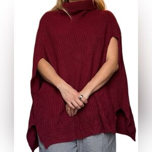 TURTLENECK PONCHO SWEATER, Burgundy sweater